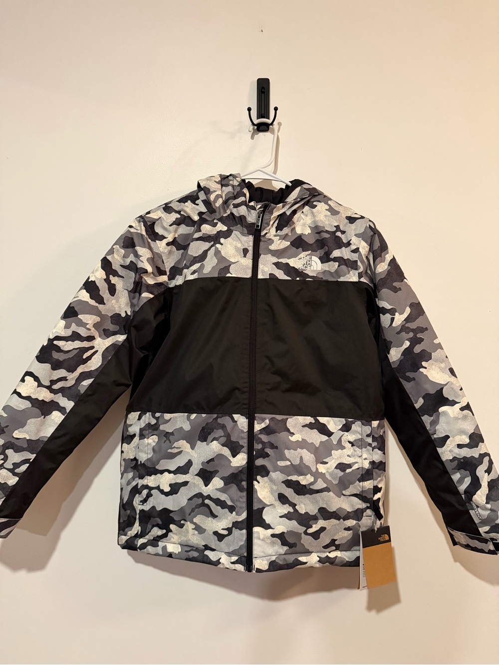 The North Face Boys' Black and Gray Camo Hooded Winter Jacket with Zipper Pocket